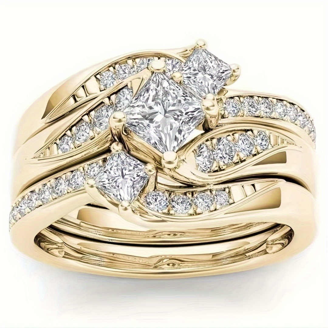 3pcs CZ Ring Set Shining Wedding Jewelry KC Golden Plated